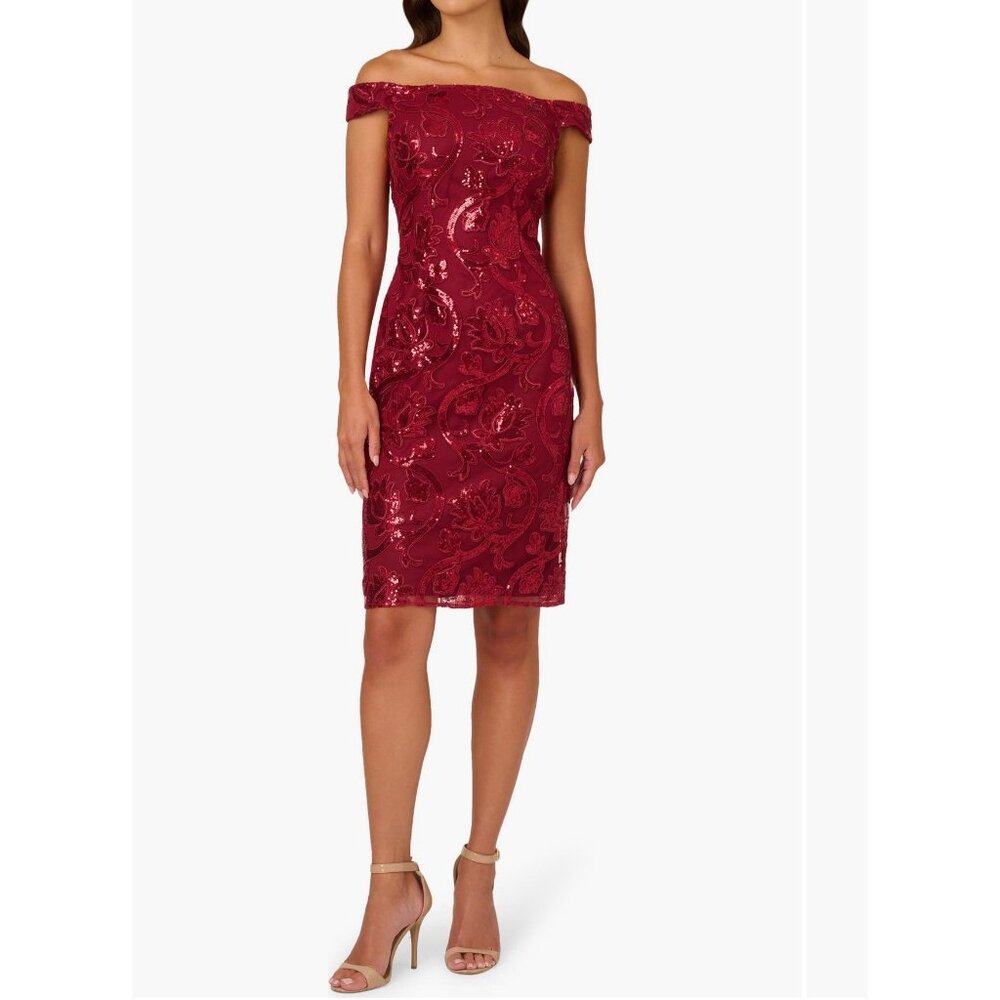 Adrianna Papell Garnet Red Off-Shoulder Sheath Dress Size 2 - Sequin Floral Embe